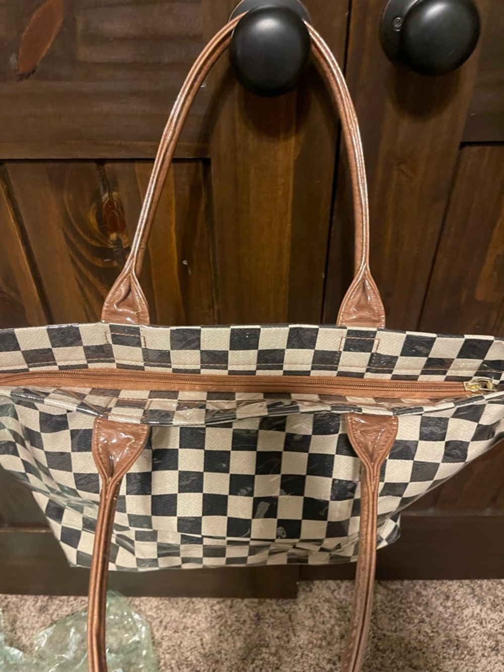 Checkerboard Tote Bag with Brown Handles - Picture 3 of 4